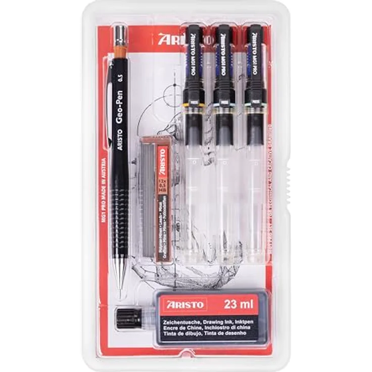 Aristo Tuschefüller-Set mg1 College, 3 Stifte (0,25/0,35/0,50 mm) + Feinminenstift 0,5 mm, Transparent/Schwarz, inkl. 12 Ersatzminen und 23 ml Nachfülltusche – Bild 2