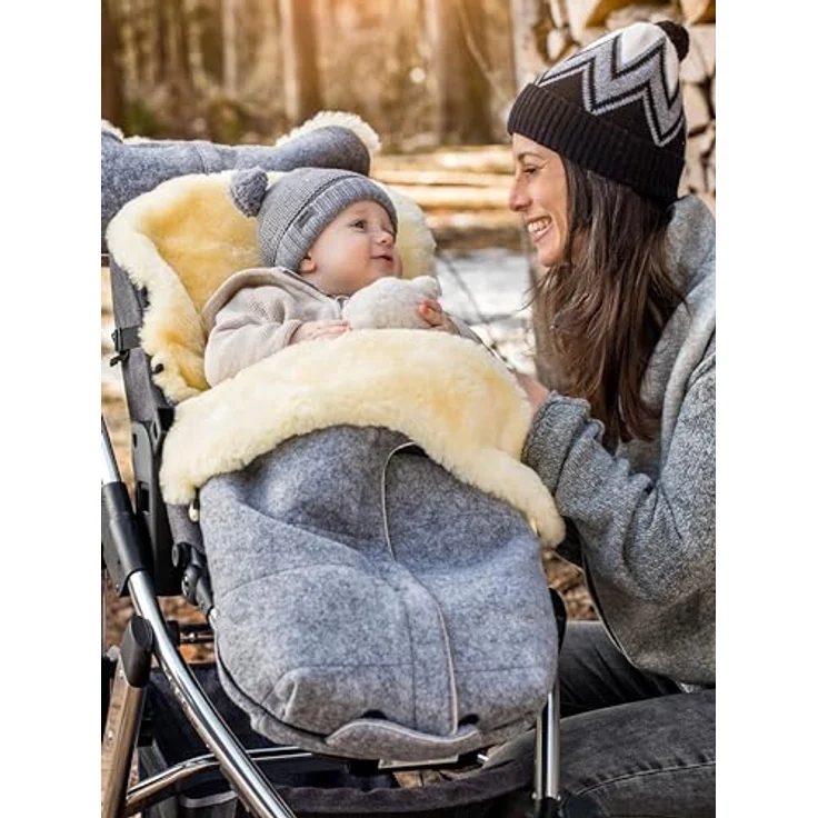 Fellhof Lammfell-Fußsack Cortina Filz, Fußsack für Kinderwagen & Buggy, 100 % Merino-Lammfell, hellgrau, waschbar bei 30 °C – Bild 8