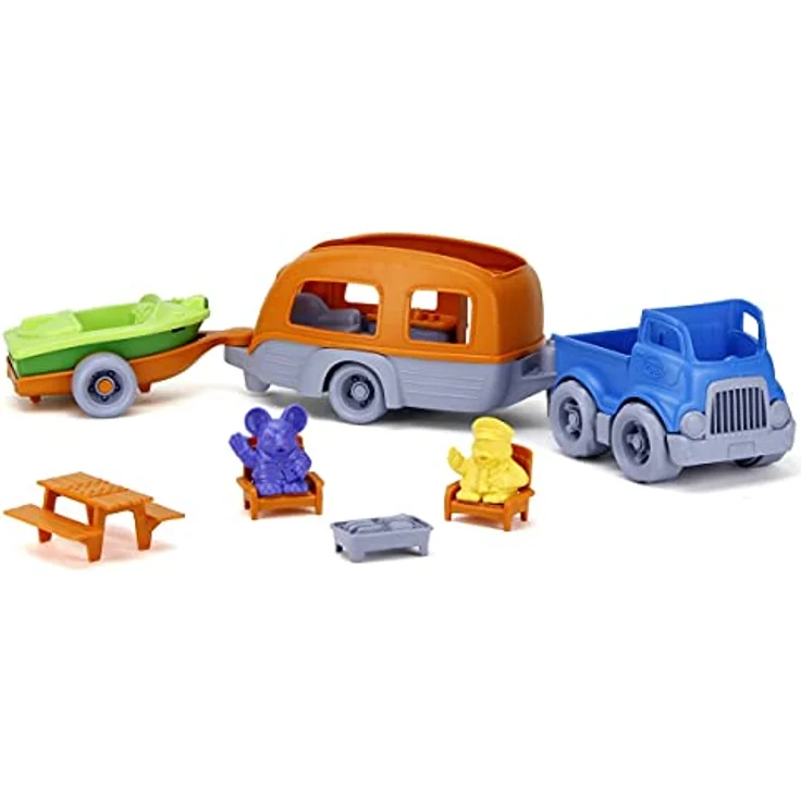 Green Toys RV Camper Set, 3-in-1 Fahrzeugspielset mit Pickup, Camper und Sportboot, 10-teilig – Bild 3