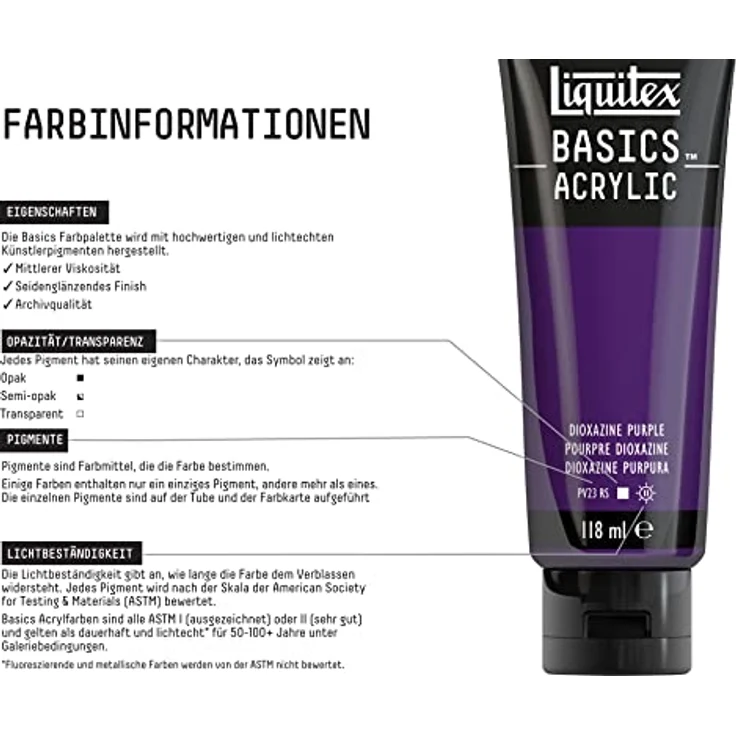 Liquitex Basics Acrylfarbe Dioxazinpurpur, monopigmentierte Künstlerpigmente, lichtecht, mittlere Viskosität, archivqualitativ, seidenglänzender Finish, 118ml Tube – Bild 3