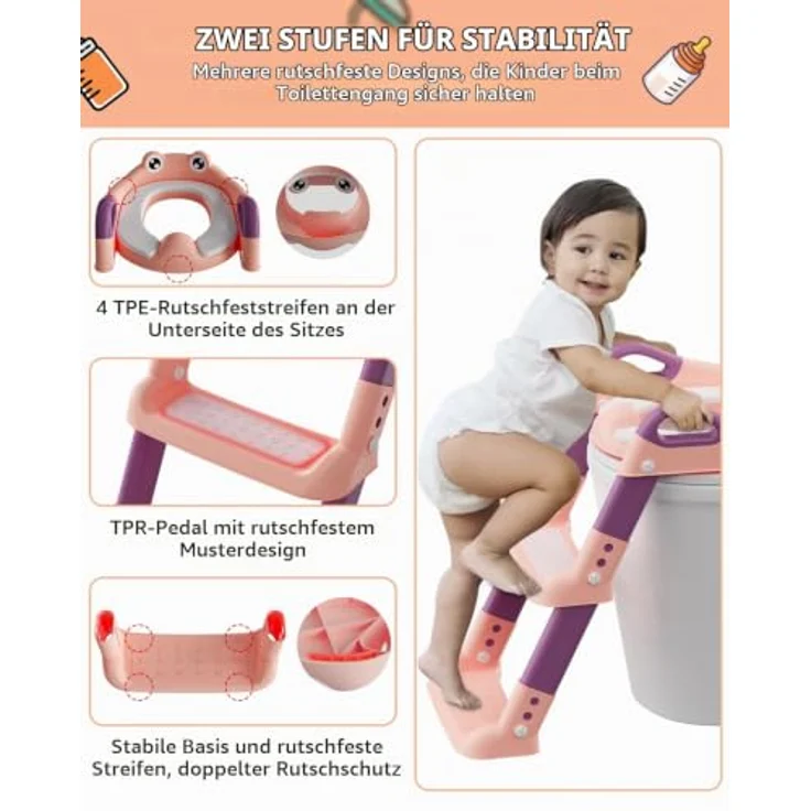 Xespis Toilettensitz Kinder mit Treppe, stabiler Toilettentrainer mit rutschfester Leiter und verstellbarer Höhe, geeignet für runde Toiletten – Bild 5