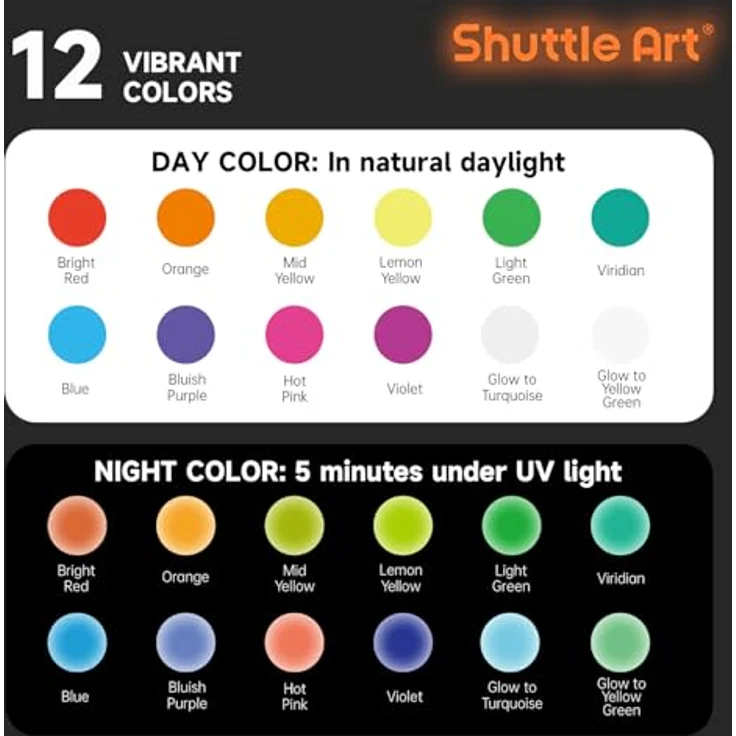 Shuttle Art Fluoreszierende Farbe Set, 12×60ml nachtleuchtende Acrylfarben für Malen und Basteln, Glow in the Dark mit UV-Taschenlampe, ideal für Stein, Holz und Schwarzlicht-Effekte – Bild 4
