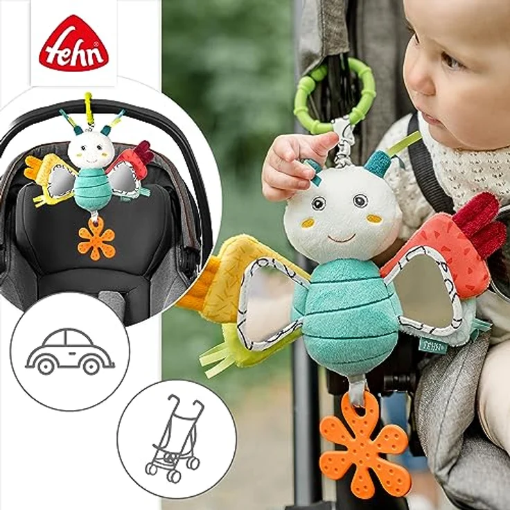 Fehn Activity-Schmetterling – Motorikspielzeug für Kinderwagen, Kinderbett & Babyschale – zum Beißen, Greifen, Geräusche erzeugen – für Babys & Kinder ab 3+ Monaten – Bild 4