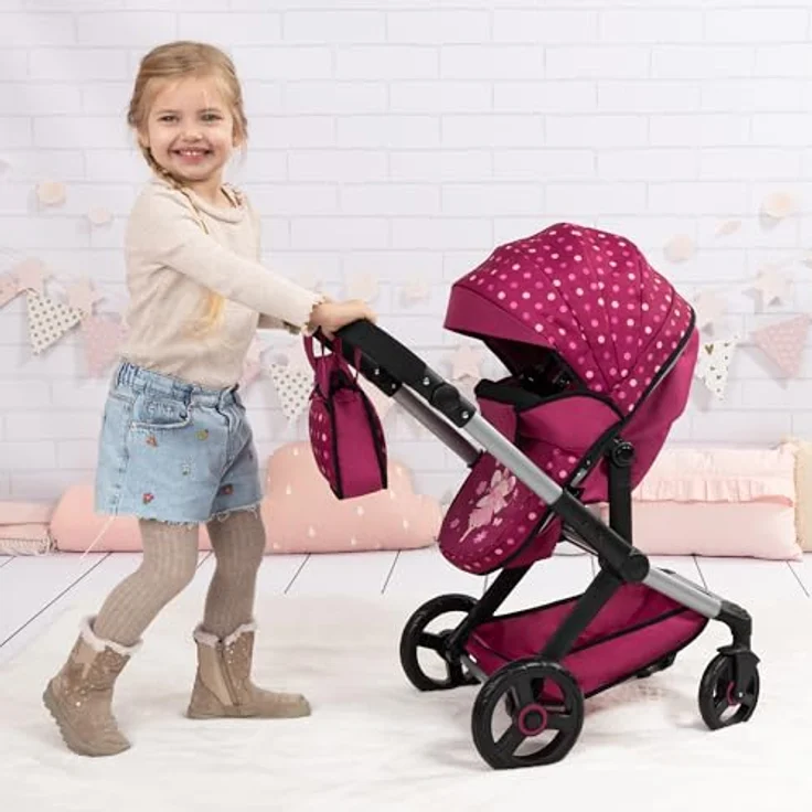 Bayer Design 17067AB Puppenwagen Xeo, Verstellbarer Griff, Schwenkschieber, Jogger, Schlafsack, Puppenbett, Zubehör, Bordeaux, Rosa – Bild 5