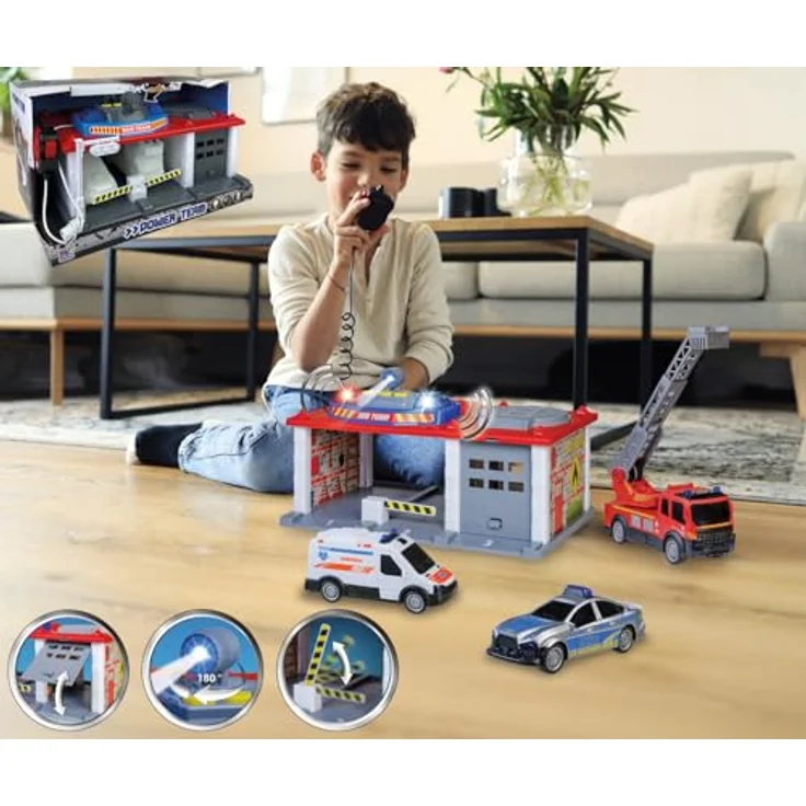 Happy People SOS-Rettungsstation mit 3 Fahrzeugen, Polizei, Feuerwehr und Krankenwagen, mit Licht- und Soundeffekten, Mikrofon und Lautsprecher, inkl. Batterien, 33x21x18 cm – Bild 2