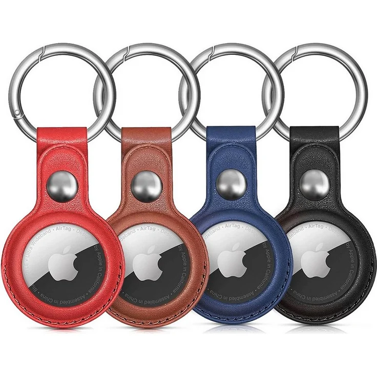 COFI 1453 Schlüsselanhänger Schutzhülle aus Öko-Leder, kompatibel mit Apple AirTag, 4 Stück in Schwarz, Braun, Rot und Blau