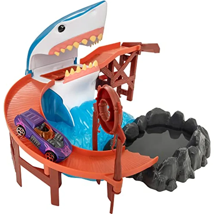 Teamsterz Farbwechselndes Haifischbeiß-Spielset, mit 3D Druckguss-Auto, Schienen-Set und Farbwechsel-Funktion, geeignet für Kinder ab 3 Jahren
