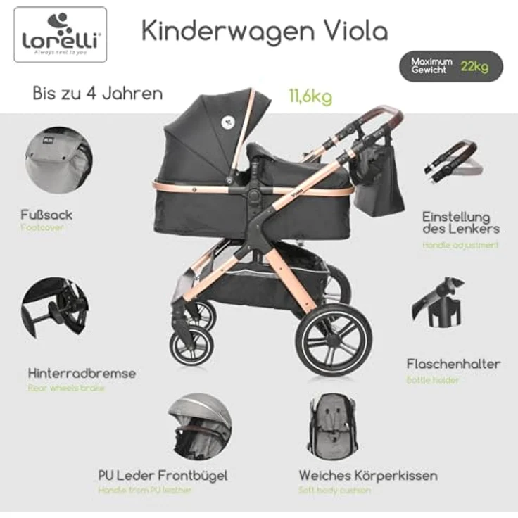 Lorelli Viola Kinderwagen 2 in 1, Umwandelbar in Sportsitz, Baby Kombikinderwagen bis 22kg, Große Gummireifen, Schwarz – Bild 2