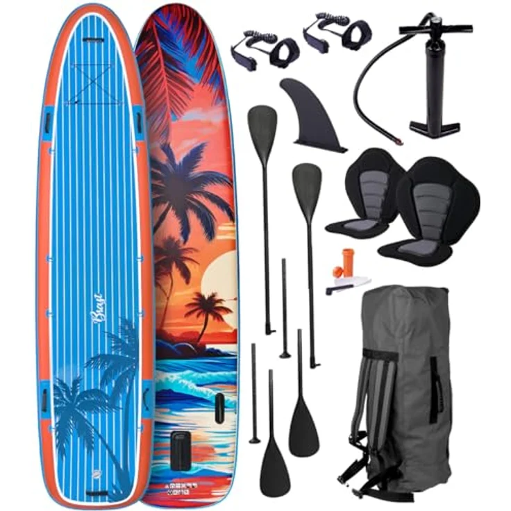 BRAST® SUP Board Family XXL, aufblasbares Stand Up Paddle Set 370x87x15cm bis 210kg, inkl. 2 Kajaksitze, 2 Paddel, Pumpe, Rucksack, Design Sunset – Bild 1