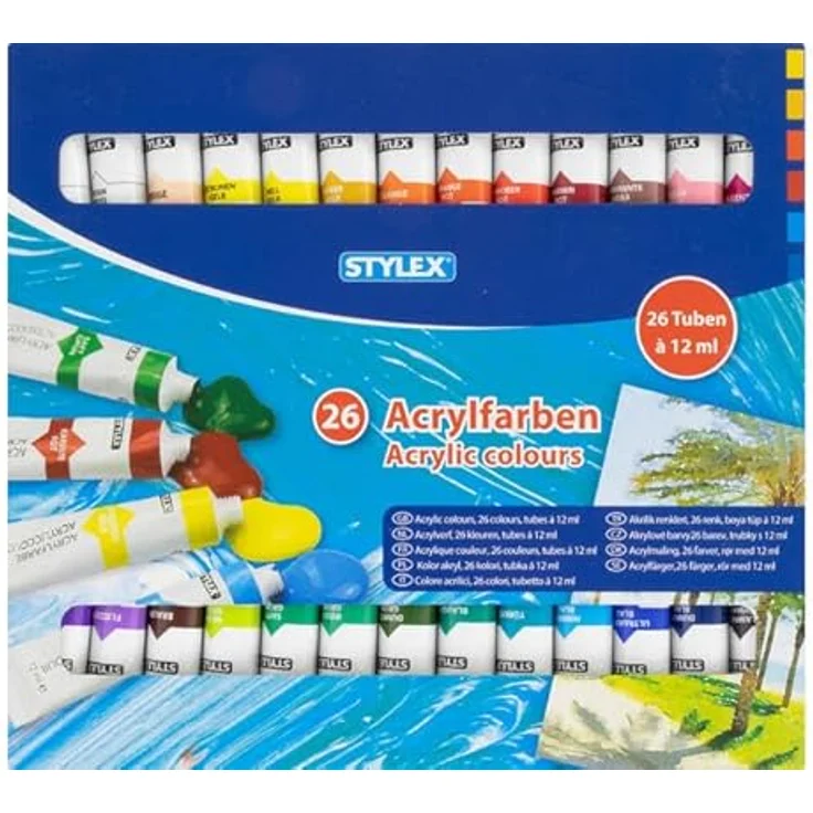 Stylex Acrylfarben Set, 26 Tuben à 12 ml in kräftigen Farbtönen, hochpigmentiert, wasserverdünnbar und lichtbeständig