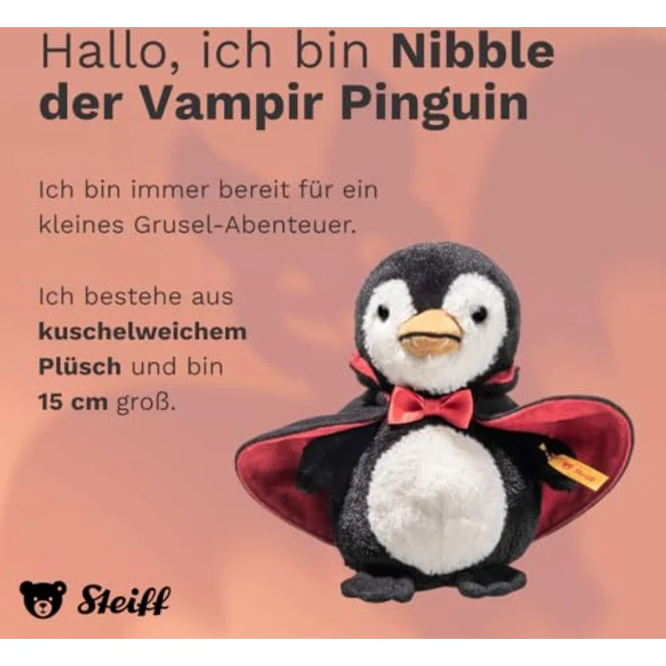 Steiff Kuscheltier Nibble Vampir Pinguin, 15 cm Plüschtier mit abnehmbarem Umhang, mehrfarbig, handgefertigt – Bild 2