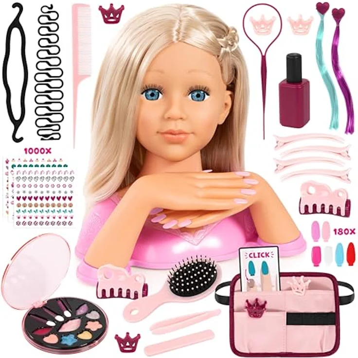 Bayer Frisier- & Schminkkopf Charlene Magic Nails, 27 cm mit 180 abnehmbaren Fingernägeln und 1000 Nagelstickern – Bild 1