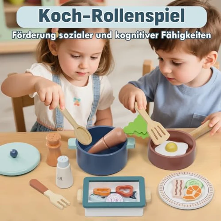 Lehoo Castle Kinderküche Zubehör, Spielküche Holz mit Töpfen, Pfannen und Gemüseschnitten, ab 3 Jahre – Bild 2