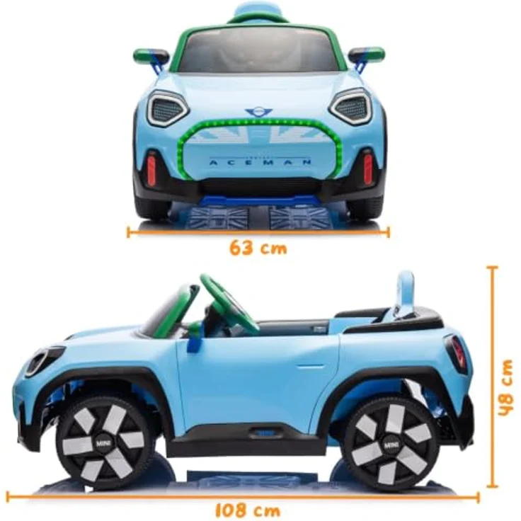 Vrooomy MINI Aceman 12V Elektroauto für Kinder mit Fernbedienung, Sicherheitsgurten und Bluetooth, Blau, 1 bis 5 Jahre – Bild 4