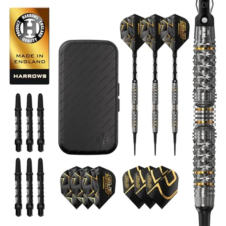 Harrows Opus Dart-Set, 90% Wolfram Soft-Tip, 16-teilig mit Carbon ST Schäften und Opus Flights, GRATIS Slimcase-Dart-Tasche (18g)