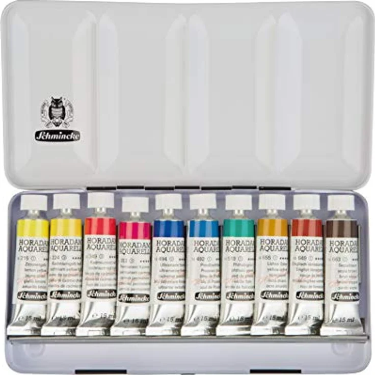 Schmincke HORADAM AQUARELL Farbkasten, 10 x 15 ml Tuben, Metallkasten mit 10 Aquarellfarben, ideal für Künstler und Hobbyisten – Bild 1