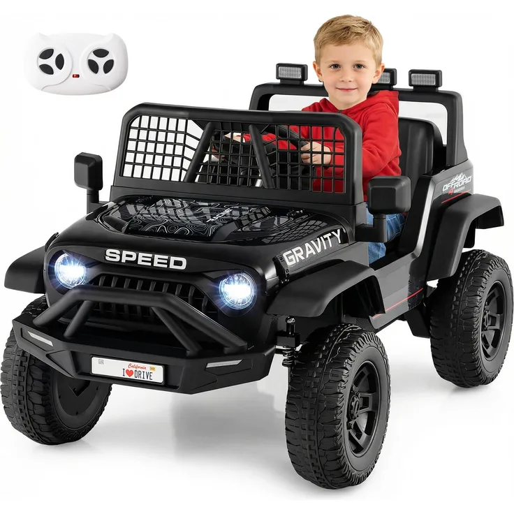 COSTWAY 24V Kinder Elektroauto, elektrisches Kinderfahrzeug mit 2,4G Fernbedienung, LED-Scheinwerfern, Musik und Federung, schwarz