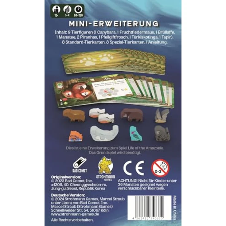 Strohmann Games Life of The Amazonia – Mini-Erweiterung, Brettspiel für 1-4 Spieler, ab 12 Jahren, 60-150 Minuten, Deutsch mit 8 einzigartigen Tierkarten und 9 hölzernen Tierfiguren – Bild 3