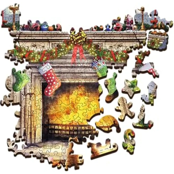 Trefl 20171 erwachsene1000 Elemente, Wood Craft, Holzhandwerk, unregelmäßige Formen, 100 Weihnachtsfiguren, Premium Modernes Puzzle, DIY, Spaß für Erwachsene und Kinder ab 12,holzpuzzle, Kamin – Bild 3