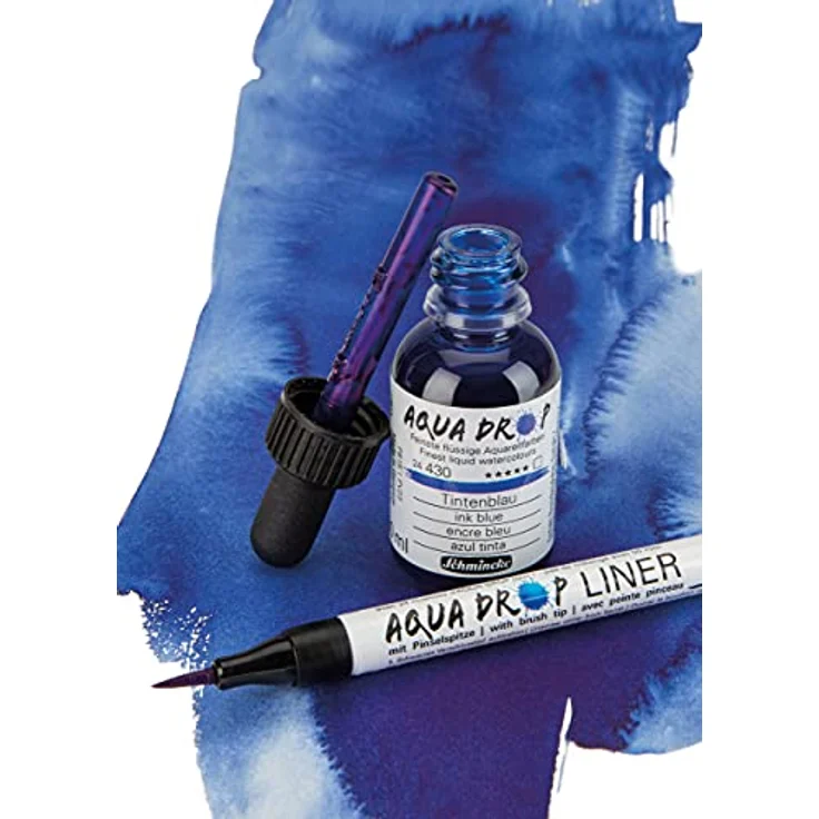 Schmincke AQUA DROP Set, flüssige Aquarellfarbe, 5 x 30 ml lasierende Farbtöne + Liner mit Pinselspitze, inkl. Bernstein, Krapprot, Tintenblau, Jadegrün, Sepia – Bild 2