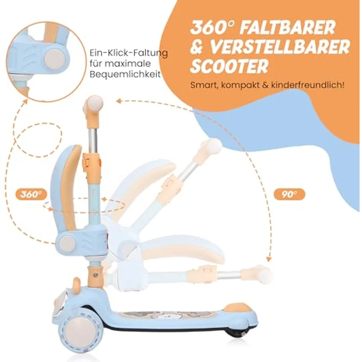 Habib Gruppe Kinderroller Tretroller 3-in-1 Faltbarer Scooter mit abnehmbarem Sitz, höhenverstellbar, LED-Rädern, für Kinder (1-12 Jahre), blau – Bild 5