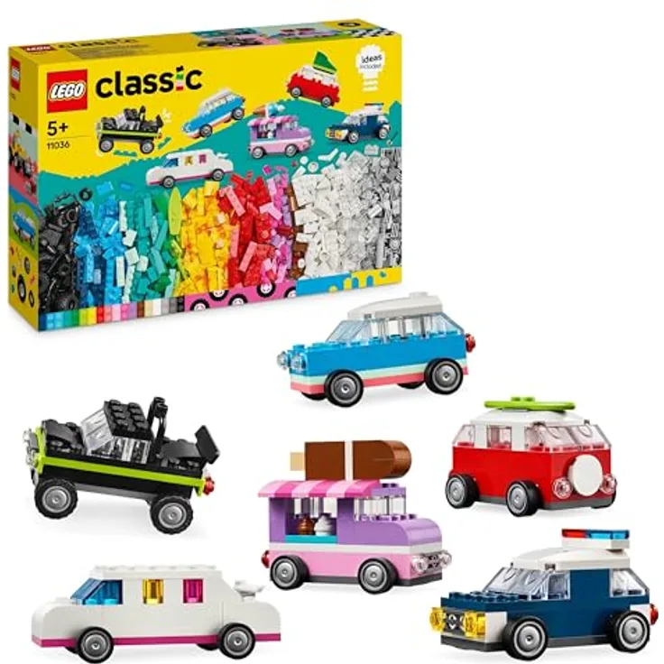 LEGO Classic Kreative Fahrzeuge, Bausteine-Set für Bunte Modellautos inkl. LKW, Polizeiauto und Baufahrzeuge, Baubare Spielzeug-Autos für Kinder, Geschenk für Jungs und Mädchen ab 5 Jahren 11036