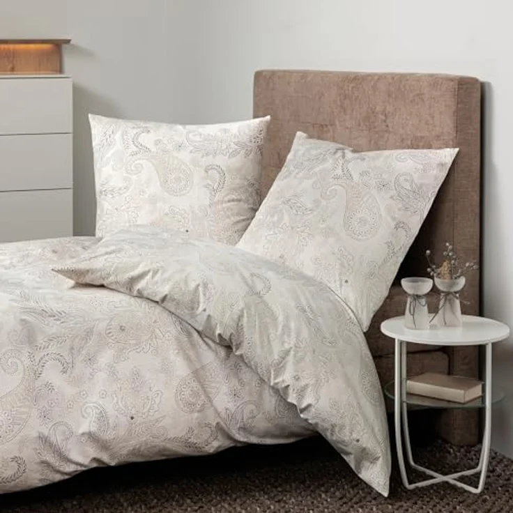 Janine Bettwäsche Soft-Flanell Beige, Paisley Design, 100% Baumwolle, Größe 155x220 cm + 80x80 cm, mit Reißverschluss – Bild 2