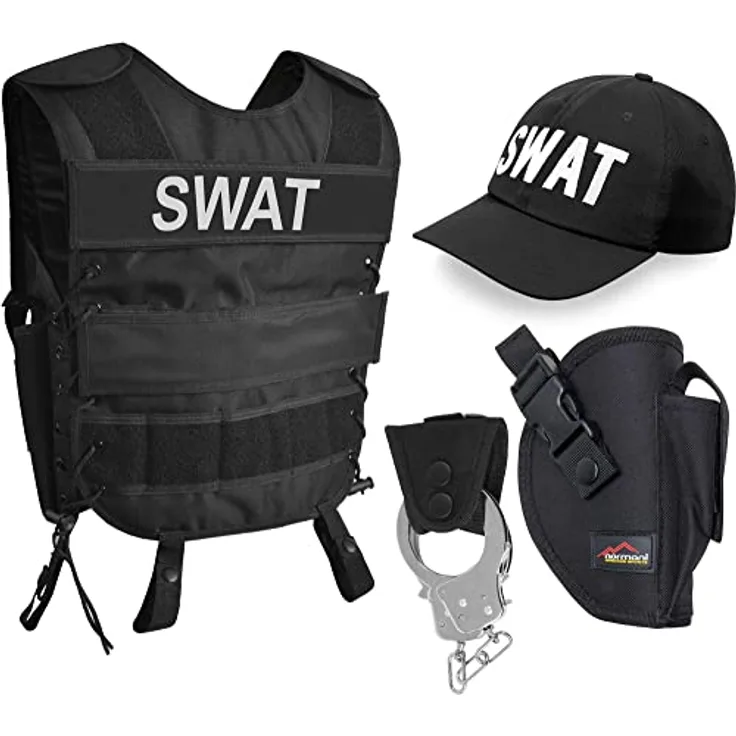 normani SWAT/POLICE/SECURITY Kostüm, Unisex mit Weste, Holster, bestickter Cap, Handschellen und Halter, Größe 3XL/4XL, Farbe SWAT