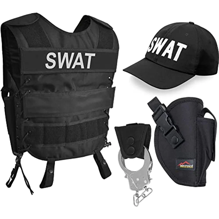 normani SWAT/POLICE/SECURITY Kostüm, Unisex mit Weste, Holster, bestickter Cap, Handschellen und Halter, Größe 3XL/4XL, Farbe SWAT – Bild 1