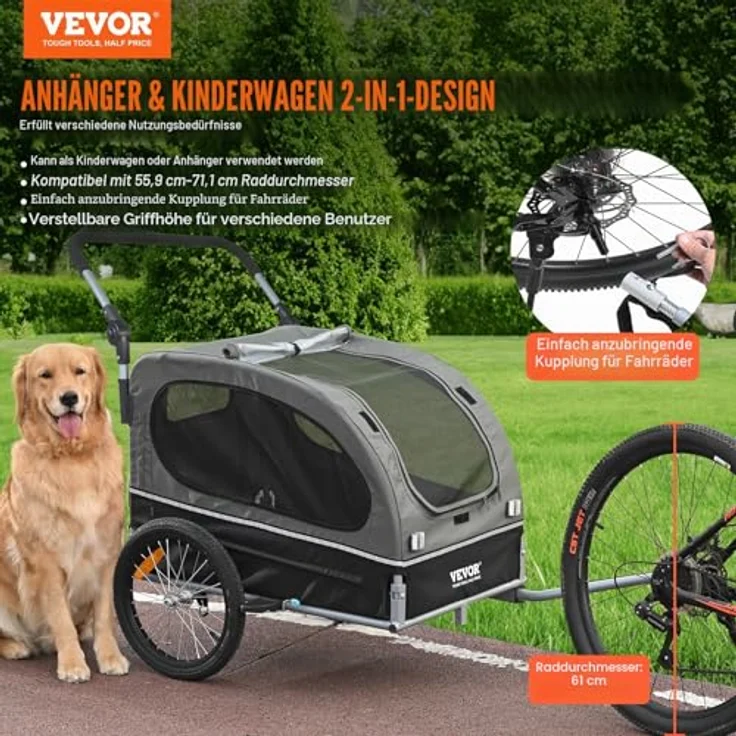VEVOR 2-in-1 Hundeanhänger Fahrradanhänger & Kinderwagen, 40 kg Tragfähigkeit, faltbar, Kohlenstoffstahl, 600D Oxford-Gewebe, 1470 x 720 x 780 mm als Anhänger, 1530 x 720 x 825 mm als Jogger – Bild 2