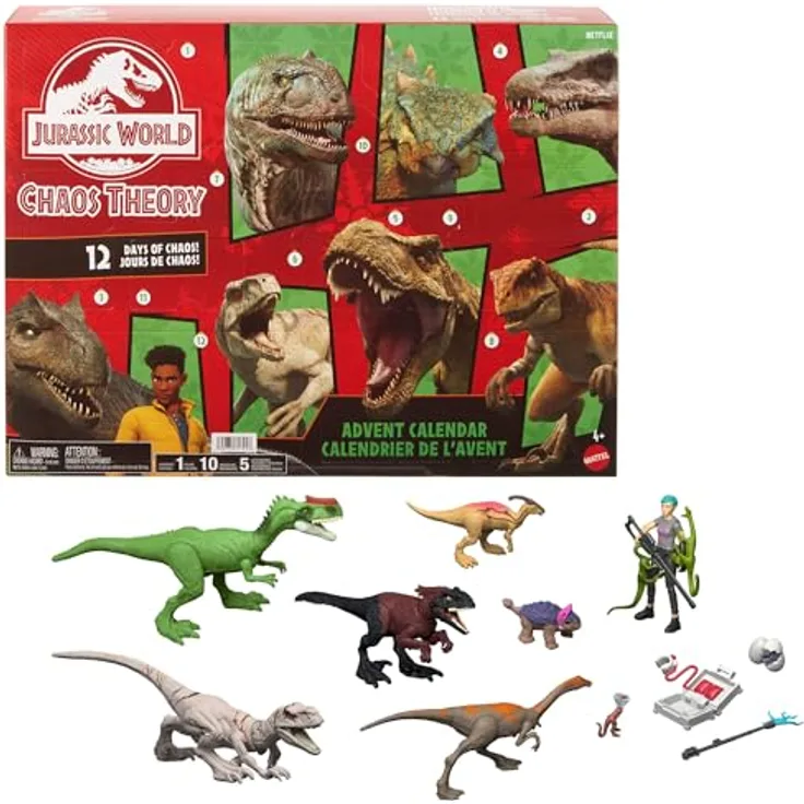 Mattel Jurassic World Chaostheorie Adventskalender mit 12 Überraschungen, 9 Dinosaurier-Figuren, Brooklynn-Figur, JGM17