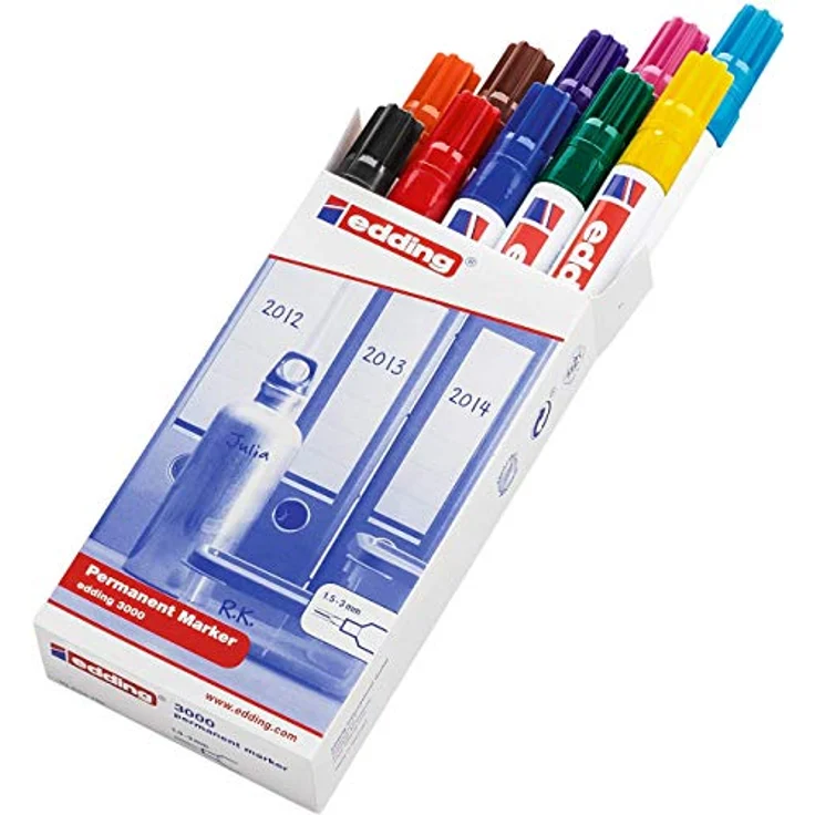 edding 3000 Permanentmarker - 10 bunte Farben (Standard) - Rund-Spitze 1,5-3 mm - schnell trocknender Permanent Marker - wasserfest, wischfest - für Karton, Kunststoff, Holz, Metall - Universalmarker – Bild 2