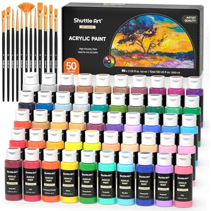 Shuttle Art Acrylfarben Set, 50 hochpigmentierte, ungiftige Acrylfarben in 60ml Flaschen, wasserfest für Leinwand, Holz, Steine – Bild 1