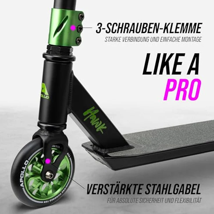 Apollo Stuntscooter Hawk - Freestyle Kickscooter für Kinder und Erwachsene, Kinderroller, Trick Roller für Jungen und Mädchen ab 6 Jahren, Stunt Scooter für Beginner und erfahrene Kids, Stunt Roller - HQ Aluminium Rahmen, 110mm PU-Scooter Rollen, ABEC 9 High Speed Kugellager, rutschfeste Trittfläche - Schwarz – Bild 2