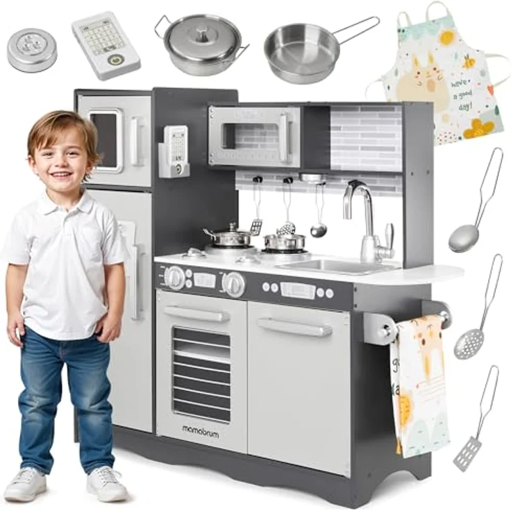 mamabrum Spielküche mit LED-Blitzsystem, Kinderspielzeug aus Holz, Rollenspielküchenzubehör für Kinder, Naturholz/Grau – Bild 1