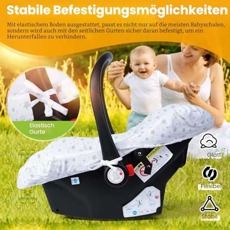 Orzbow Sommerbezug für Babyschale, Universal Schutzbezug aus 100% Baumwolle, atmungsaktiv und maschinenwaschbar, für Maxi Cosi, CabrioFix, Pebble, Weiß Sterne – Bild 3