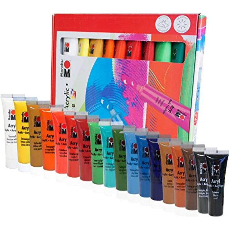 Marabu Acrylfarben Set Basic, 18 x 36 ml, wasserbasis, schnell trocknend, wasserfest und lichtecht, seidenmatte Universal-Farben – Bild 2