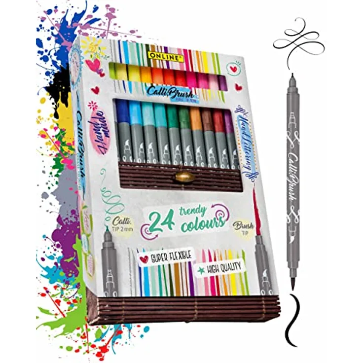ONLINE Brush-Pen Set Calli.Brush, 24 Double-Tip Pinselstifte mit Kalligrafie-Spitze und Pinselspitze, ungiftig und auswaschbar, in nachhaltiger Bambus-Box