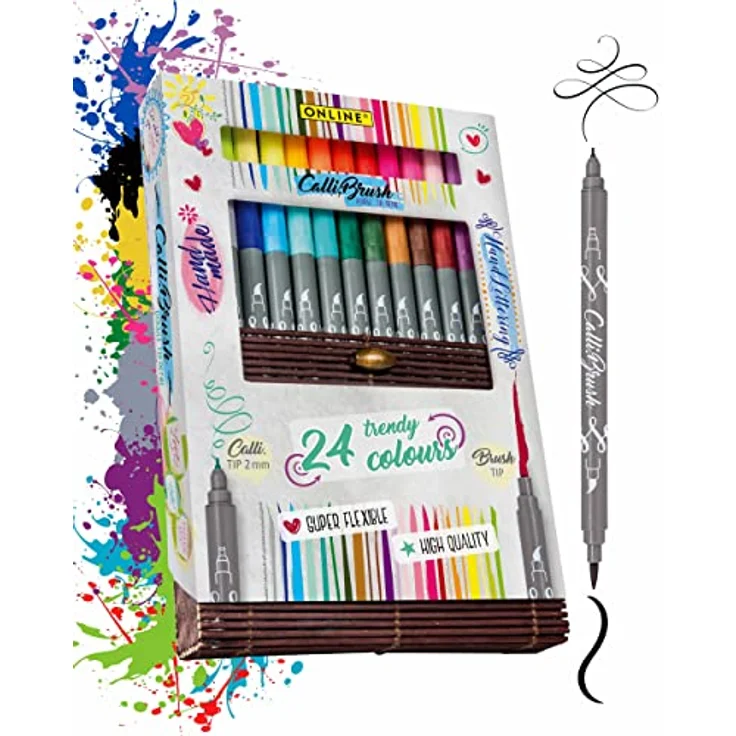 ONLINE Brush-Pen Set Calli.Brush, 24 Double-Tip Pinselstifte mit Kalligrafie-Spitze und Pinselspitze, ungiftig und auswaschbar, in nachhaltiger Bambus-Box – Bild 1