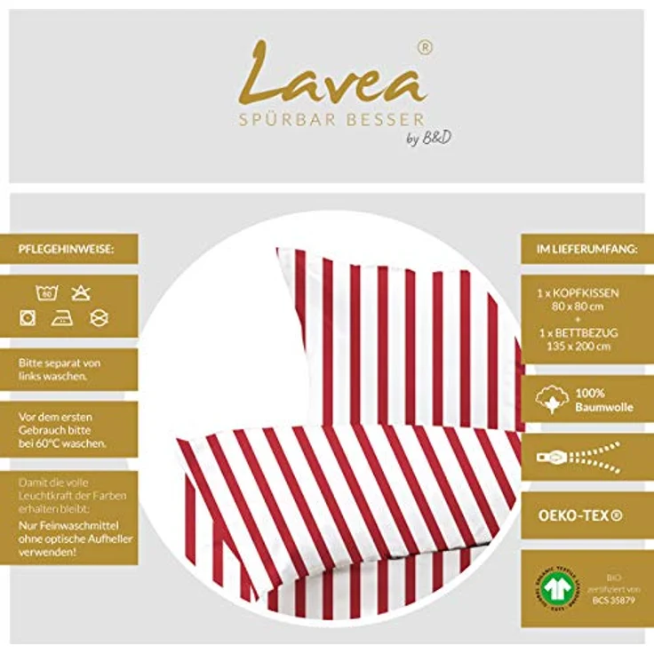 Lavea Bettwäsche Set - Viola 135 x 200cm + 80 x 80cm. Design: Breite Streifen - Farbe: Rot 100% Baumwolle. Hochwertig mit Reißverschluss. GOTS/Bio Zertifiziert. – Bild 4
