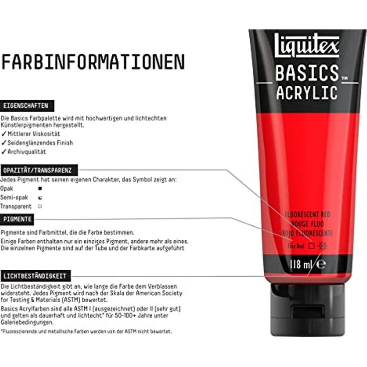 Liquitex Basics Acrylfarbe Rot Fluo, 118ml Tube, lichtecht, mittlere Viskosität, seidenglänzend, monopigmentiert, Archivqualität – Bild 3