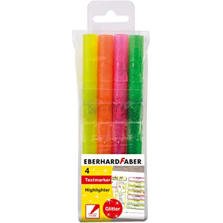 Eberhard Faber 551404 Textmarker mit Keilspitze, in Neon Farben mit Glitzer, 4er Etui, bunt