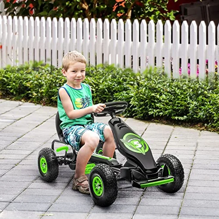 HOMCOM Gokart, Kinderfahrzeug mit verstellbarem Sitz, Tretauto mit Gummireifen, Pedal und Handbremse, Kettcar für Kinder ab 5 Jahren, Outdoor, Grün+Schwarz – Bild 2