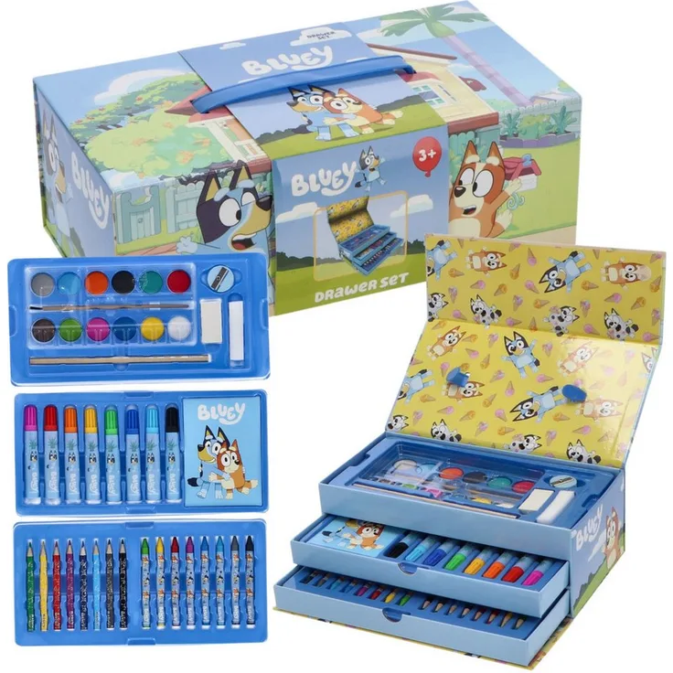 Bluey Farbkasten Malkoffer für Kinder – Kreativset mit Wasserfarben, Filzstiften und Wachsmalstiften in stabiler Aufbewahrungsbox