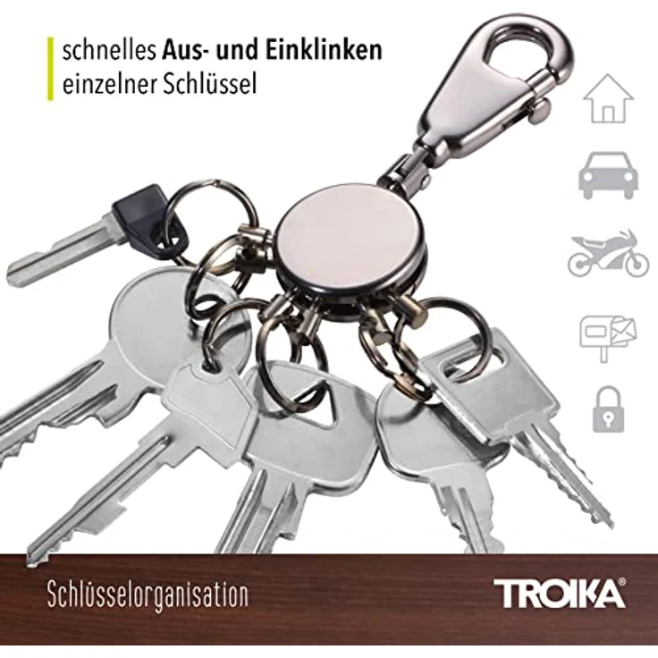 TROIKA Schlüsselanhänger PATENT, inkl. Karabinerhaken und 6 ausklinkbare Ringe, Black Chrome Look – Bild 3