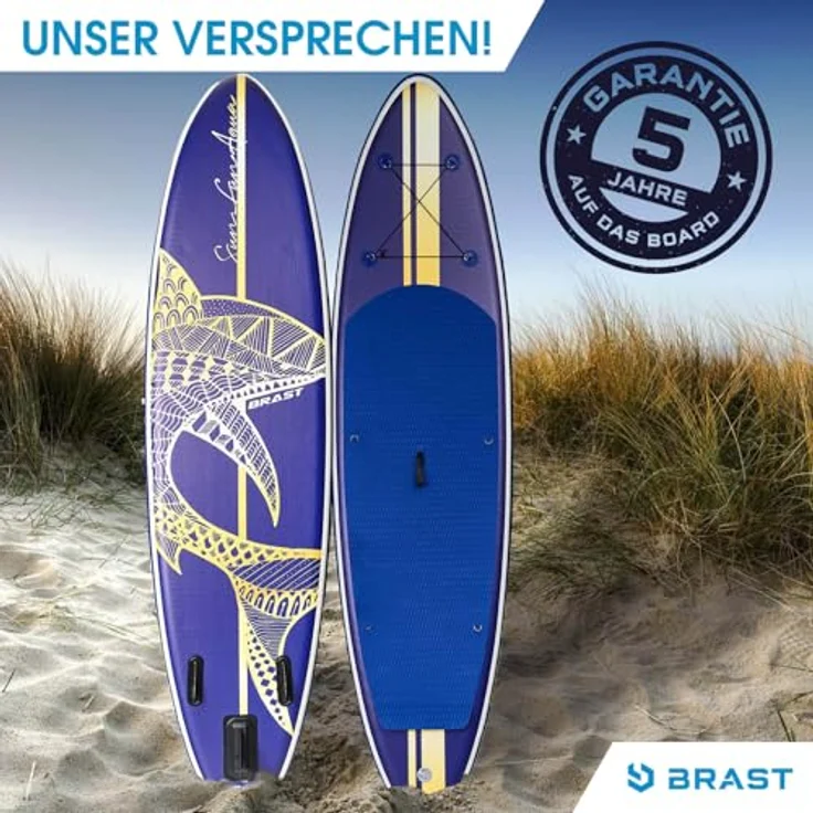 BRAST® SUP Board Shark, Aufblasbares Stand up Paddle Set, 320x81x15cm, 140kg Tragkraft, 8 Designs, 5 Jahre Garantie, inkl. Kajaksitz, 2in1 Paddel, Action-Cam-Halterung, Pumpe, Rucksack – Bild 2