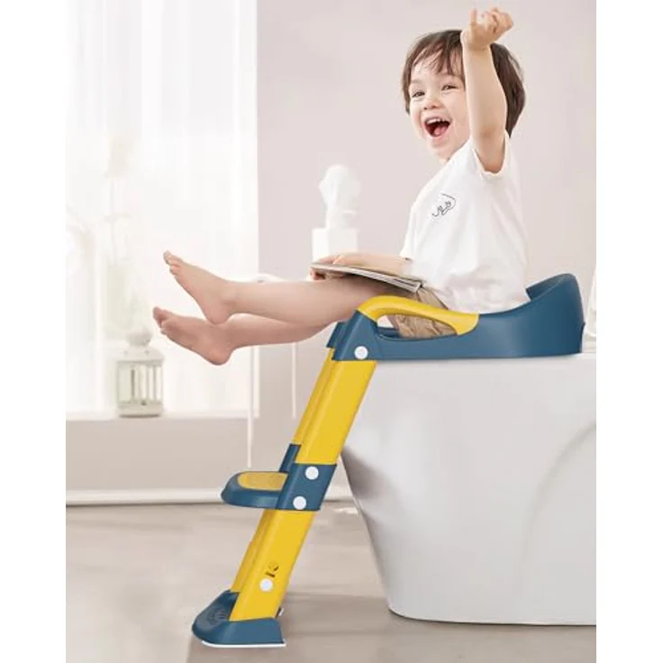 Xespis Kinder Toilettensitz mit Treppe, rutschfeste Toilettenleiter für Kinder, einstellbar und klappbar, Blau/Gelb – Bild 2
