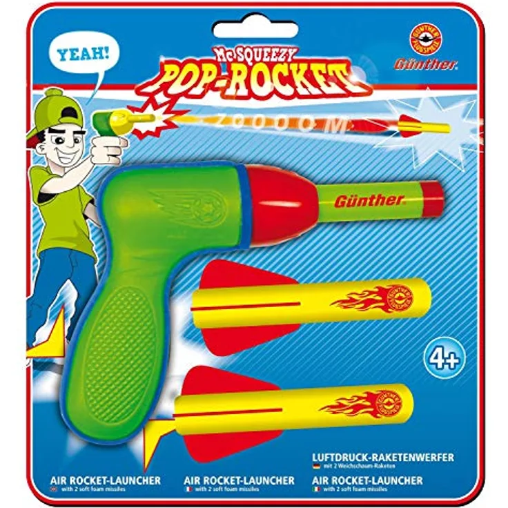 Paul Günther 1541 - Mc Squeezy Pop Rocket, Luftdruckraketenwerfer für Kinder mit 2 Weichschaumraketen, geeignet für drinnen und draußen