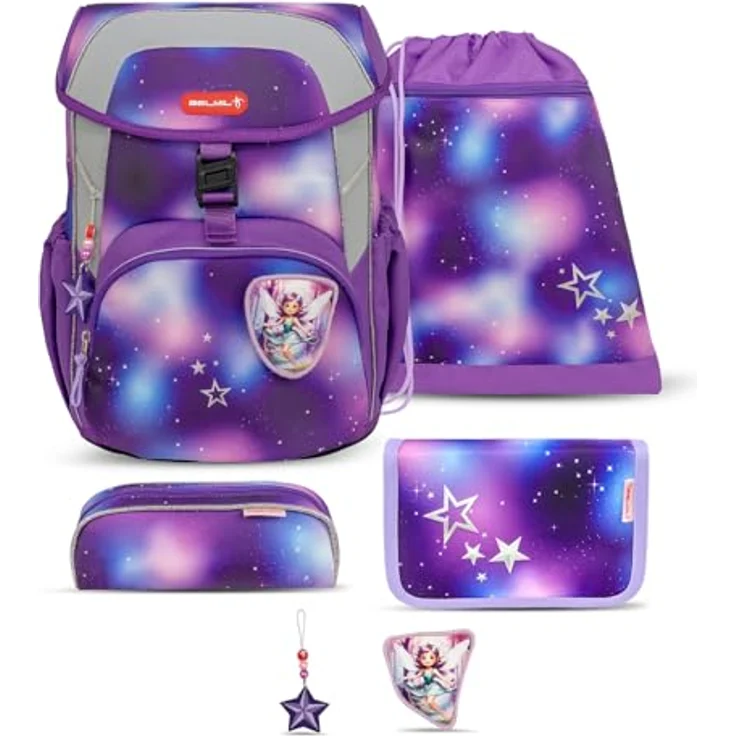 Belmil Maxi Schulranzen Set 5-teilig mit Brustgurt (405-83/AG/S) (Shining Fairy), Leichter wasserabweisender Schulranzen für Grundschüler, 22 L, ergonomisch designiert – Bild 1