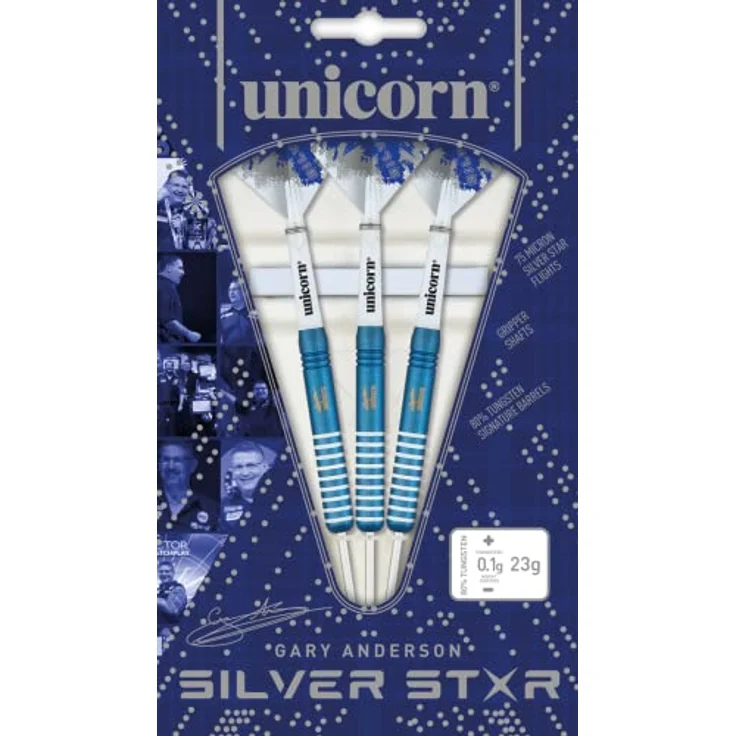 Unicorn Steel Tip Darts Silver Star Gary Anderson 23g Blue Steel Tip Darts - Empfohlen von Weltmeister Gary Anderson, Titanbeschichtung in elektrischem Blau, 80% Wolfram-Barrels – Bild 4